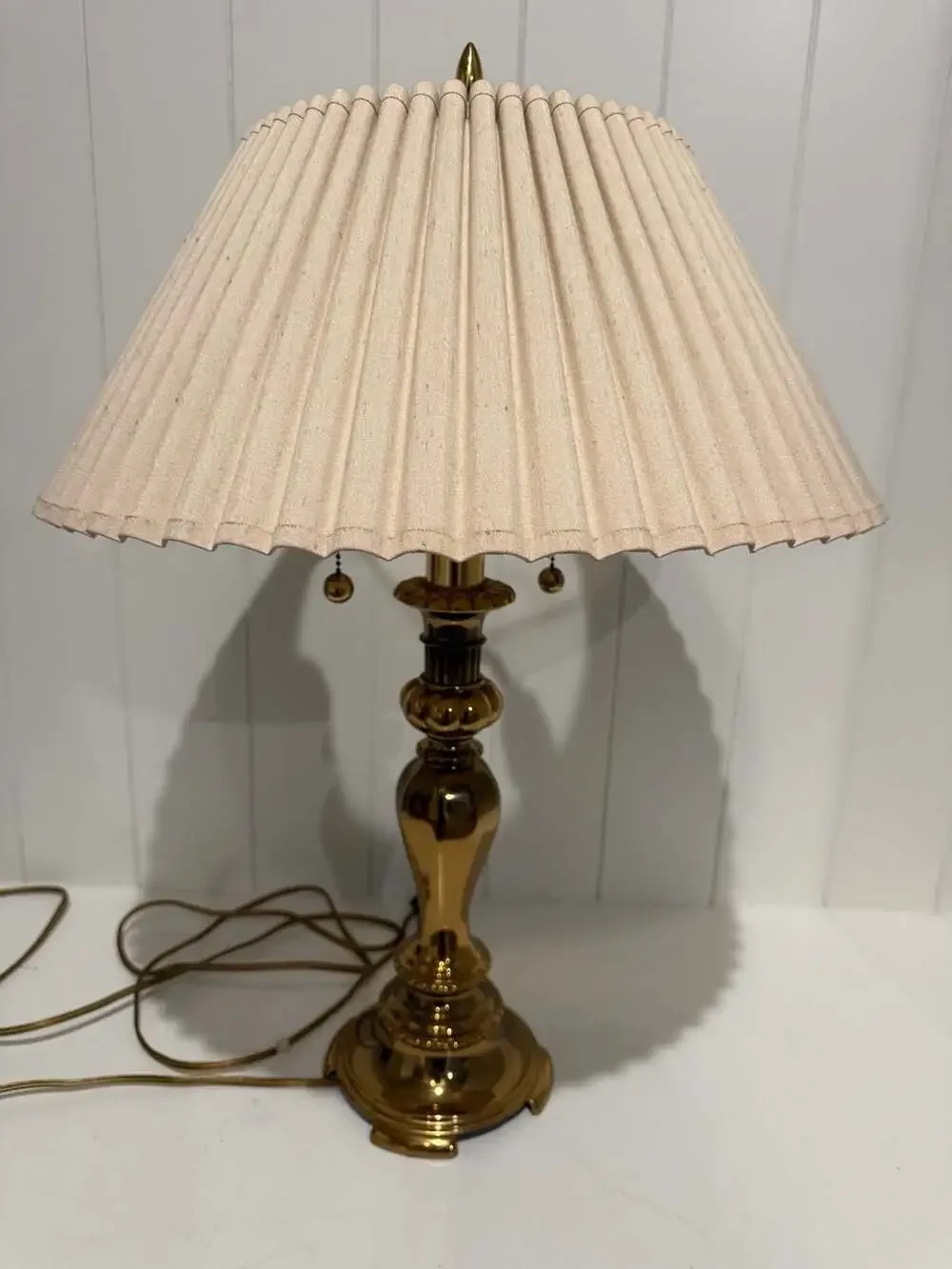 Vintage Brass Table Lamp with Accordion Pleated Shade and Double Pull Chain